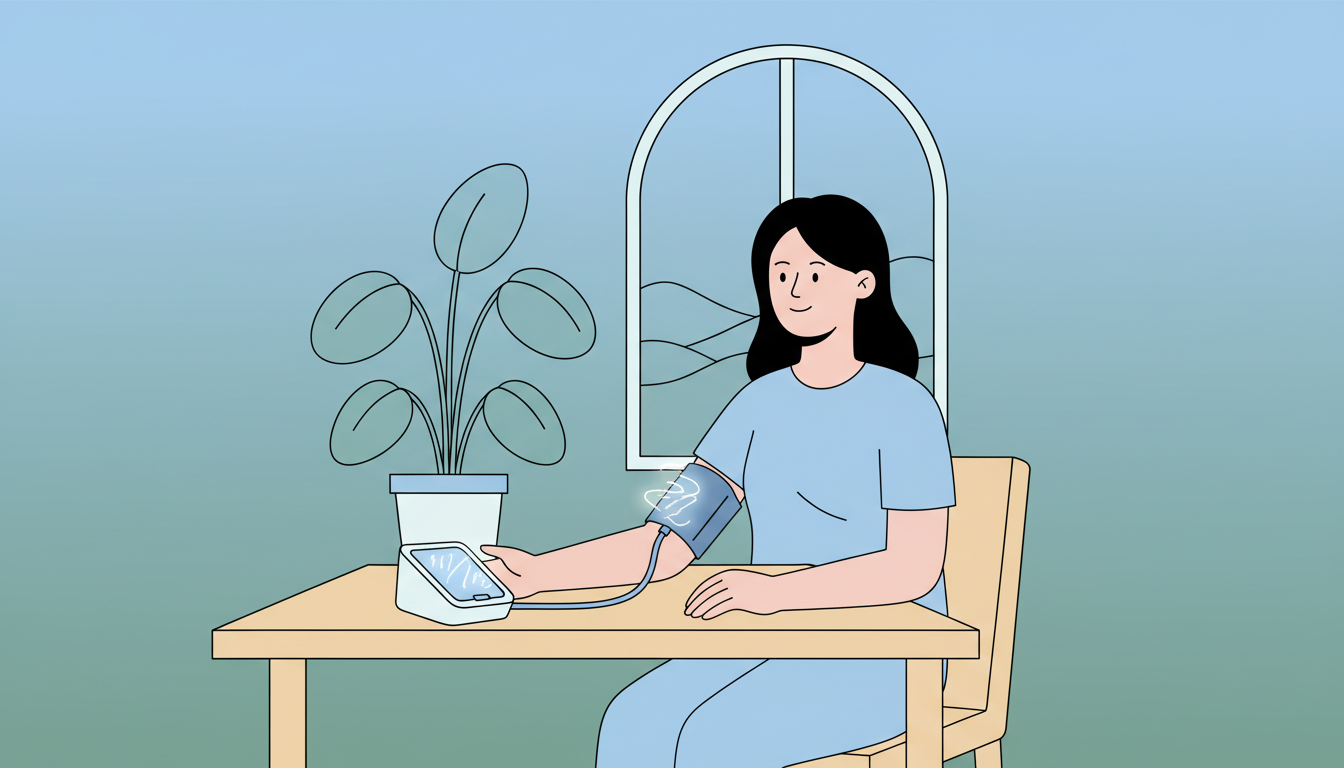 Illustration einer Person, die zu Hause in aller Ruhe den Blutdruck mit einem digitalen Monitor überwacht