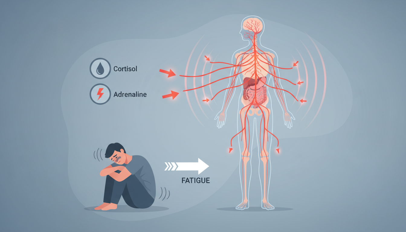 Illustration, wie die Kampf-oder-Flucht-Reaktion mit Cortisol und Adrenalin zu Angst Müdigkeit führt