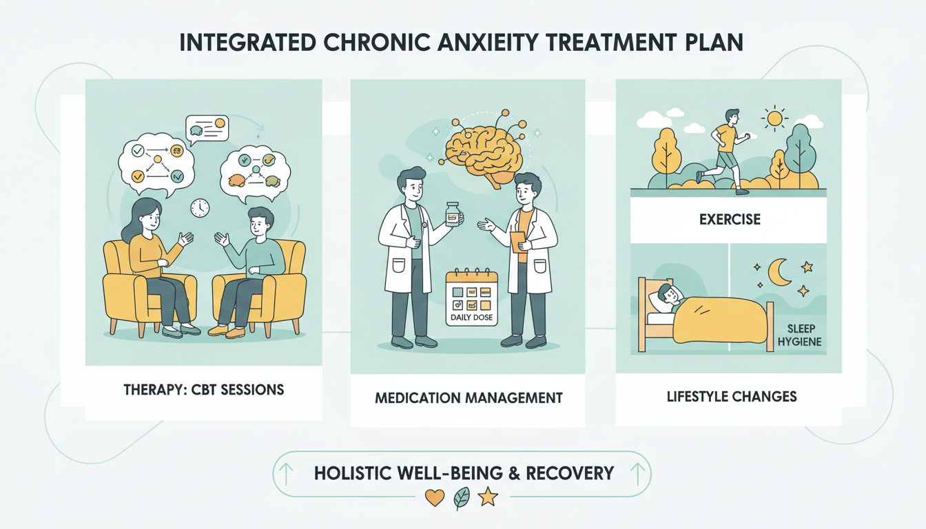 Integrierter chronischer Angst Behandlungsplan einschließlich KVT (Kognitive Verhaltenstherapie) Psychotherapie, Medikamentenmanagement und Änderungen des Lebensstils