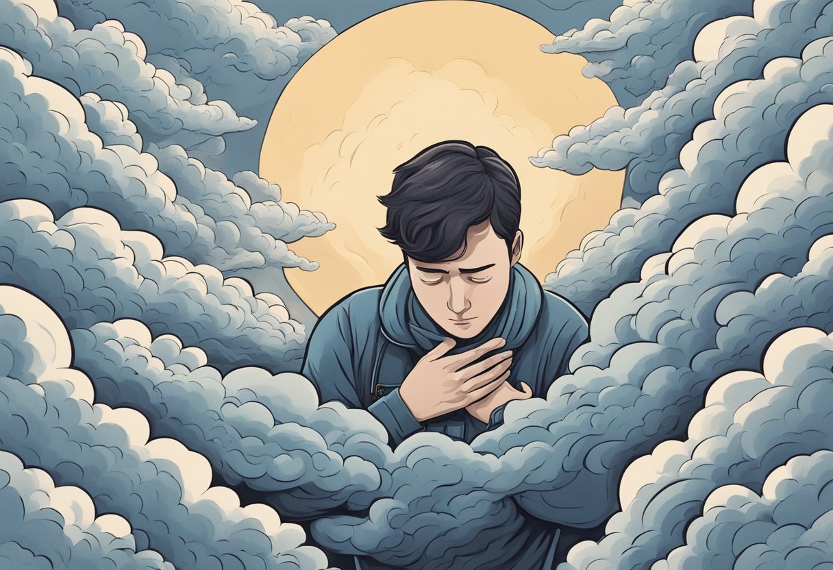 Person, die sich die Brust haelt, umgeben von wirbelnden Angstwolken