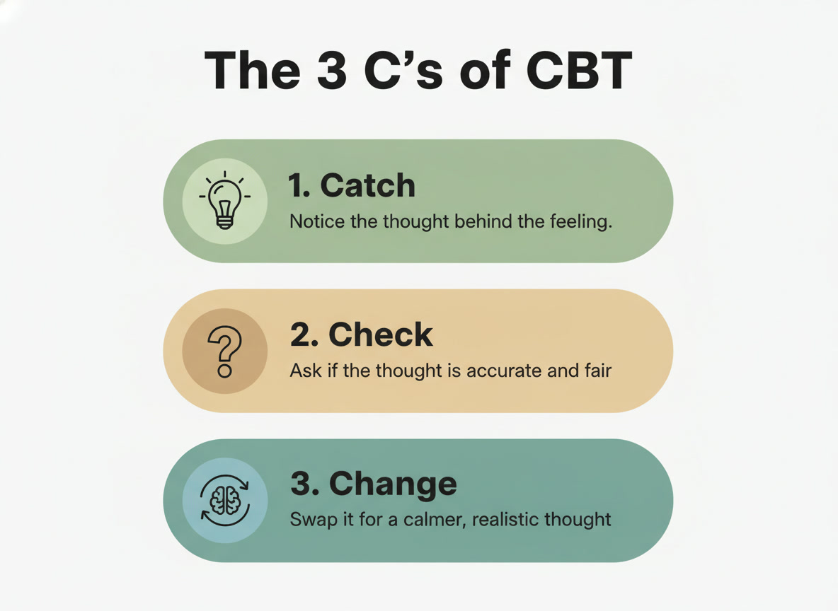 Cognitive Behavioral Psychotherapie Poster mit den 3 Cs von KVT (Kognitive Verhaltenstherapie) – Bewältigungsfähigkeiten und Strategien zur psychischen Gesundheit