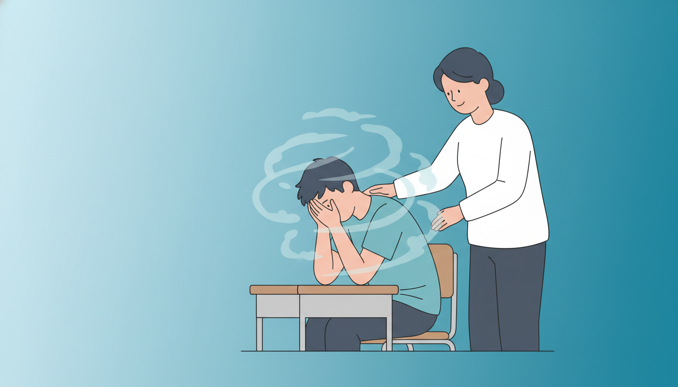 Illustration eines Teenagers, der in der Schule Angst erlebt, mit einem unterstützenden Erwachsenen, der Trost spendet