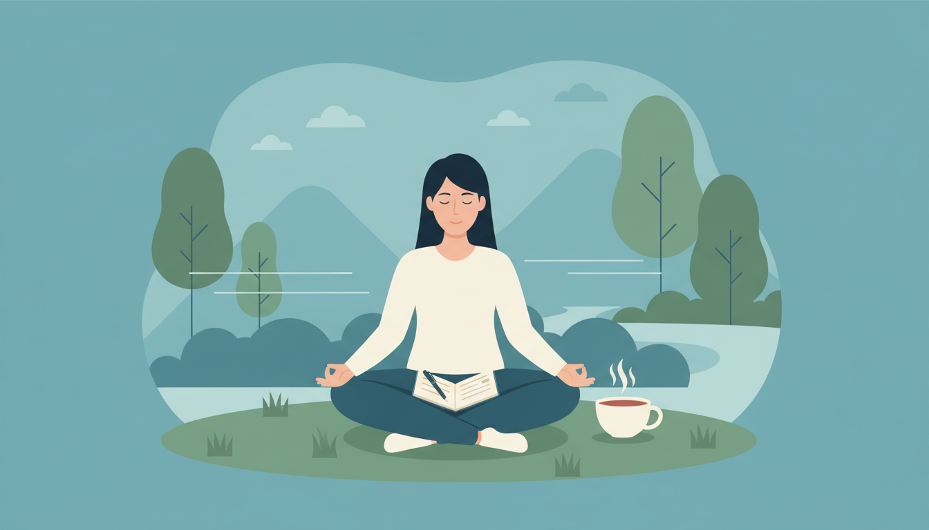 Illustration einer Person, die Achtsamkeit im Freien mit einem Tagebuch und einer Tasse Tee übt
