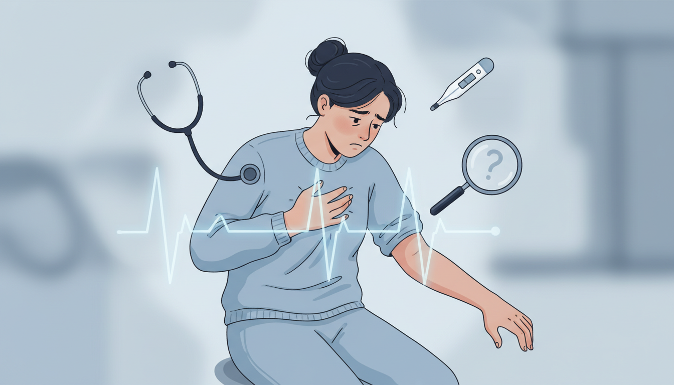 Person, die ängstlich ihren Körper auf Symptome überprüft, umgeben von medizinischen Symbolen, die Gesundheit darstellen Angst
