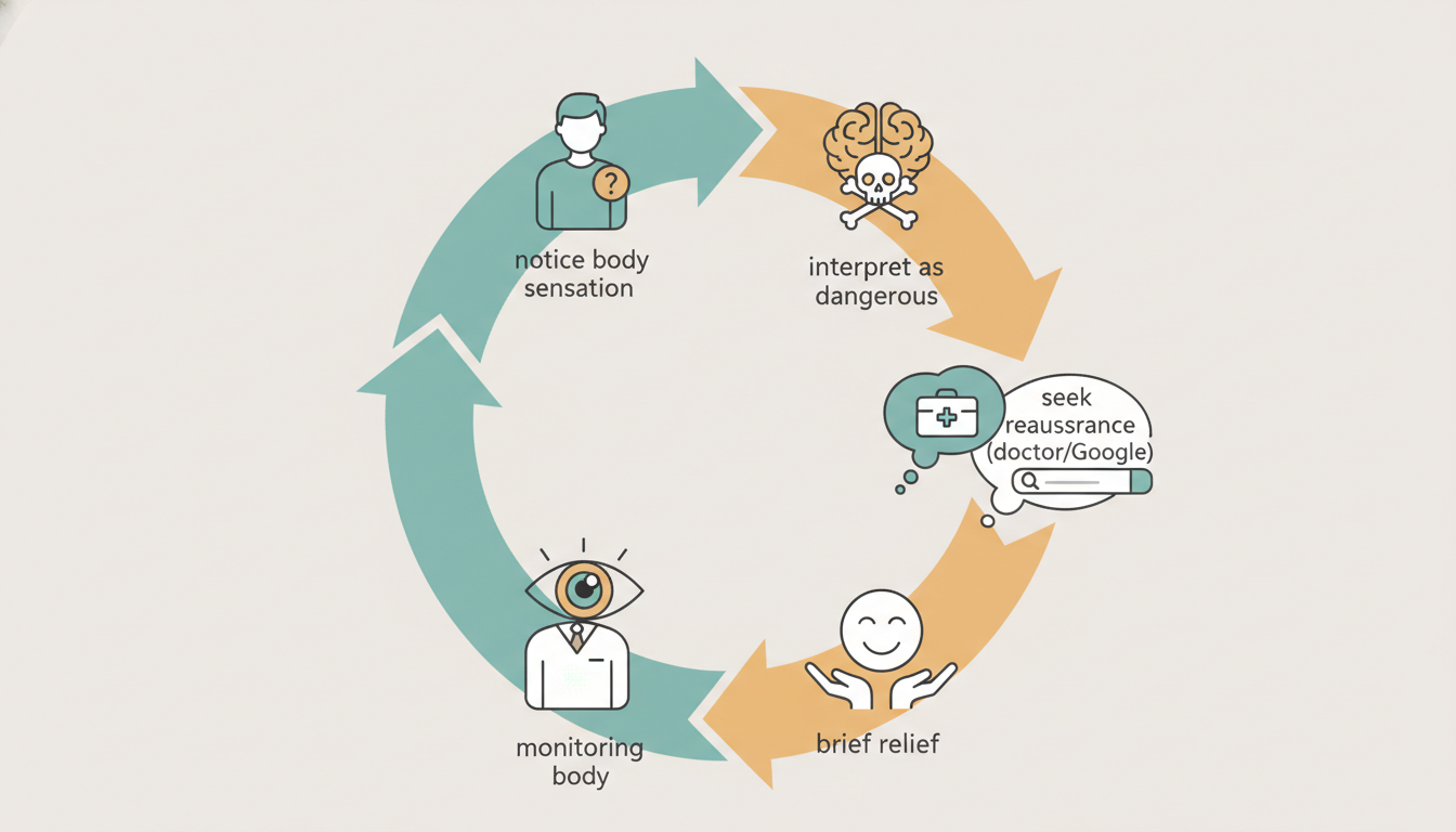 Kreisförmiges Diagramm, das den Gesundheitszyklus von der Körperempfindung über die katastrophale Interpretation bis zur Suche nach Sicherheit zeigt