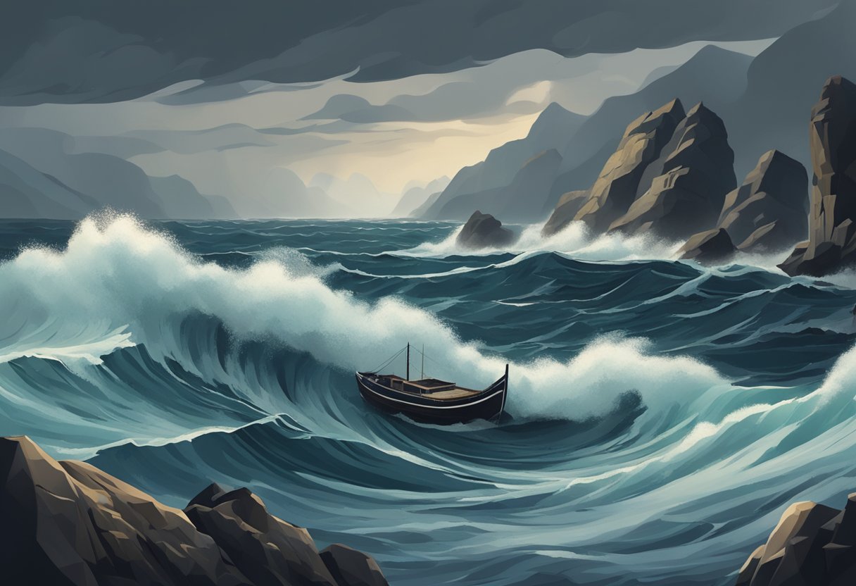 Stuermisches Meer mit dunklen Wolken darueber und einem einsamen Boot das kaempft um ueber Wasser zu bleiben