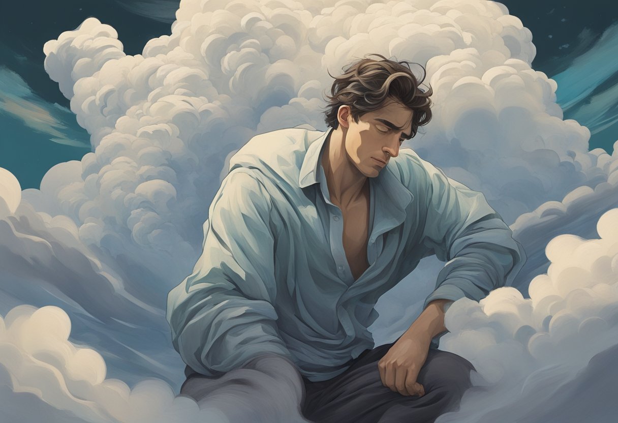 Person, die sich die Brust haelt mit beklemmtem Ausdruck, umgeben von erstickenden Wolken