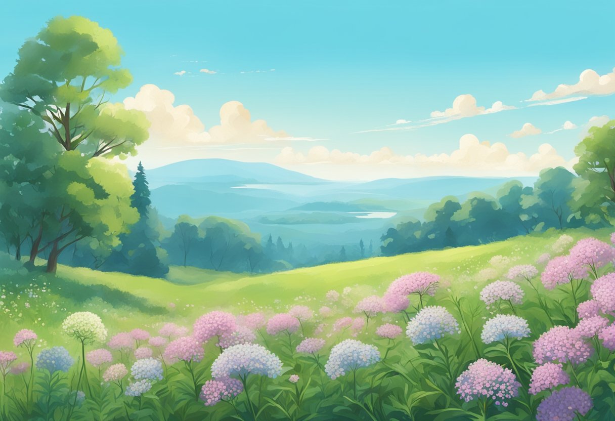 Ruhige Wiese mit blühenden Baldrianblumen unter blauem Himmel